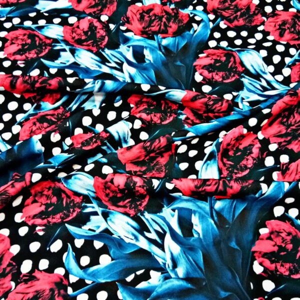 Black polka with floral digital print muslin fabric - Image 3