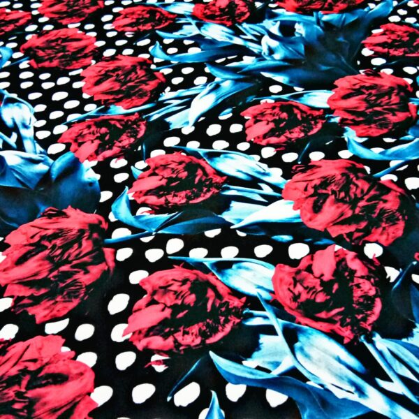 Black polka with floral digital print muslin fabric - Image 4