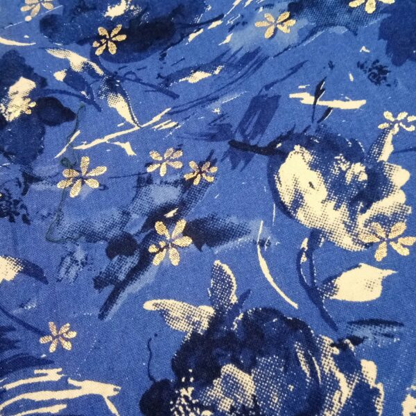 Navy blue floral foil print rayon fabric - Image 4