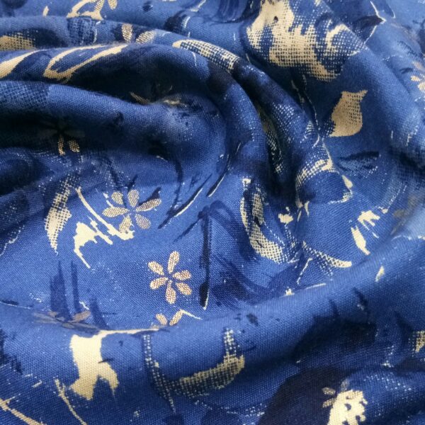 Navy blue floral foil print rayon fabric - Image 2