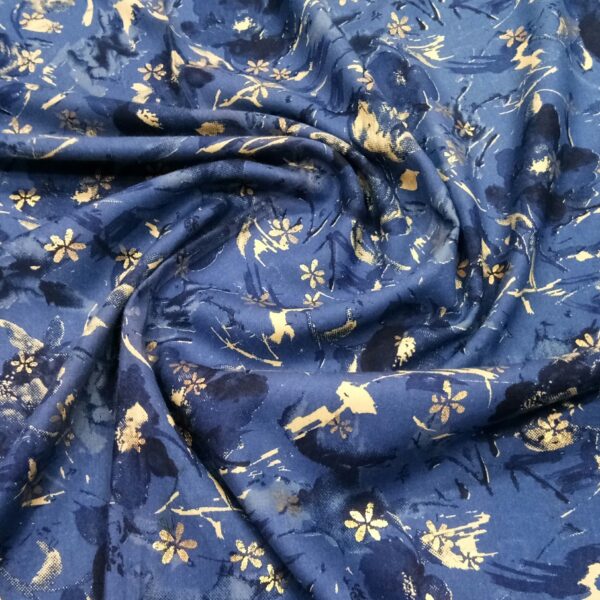 Navy blue floral foil print rayon fabric