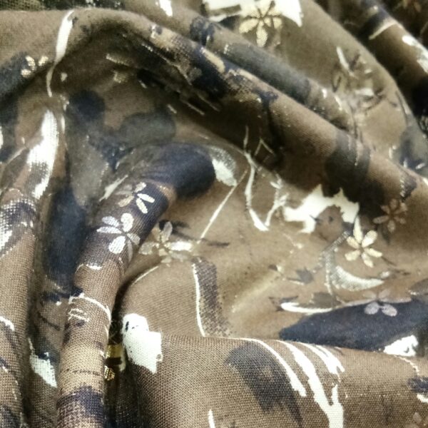 Brown floral foil print rayon fabric - Image 3