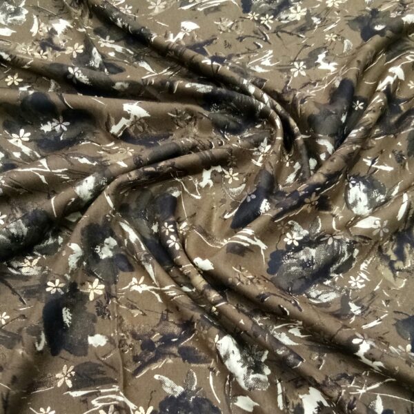 Brown floral foil print rayon fabric