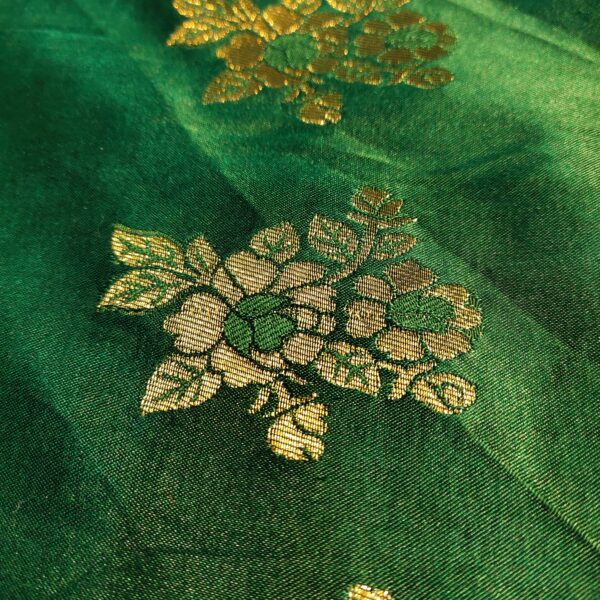 Forest Green Mulberry Silk with Golden Zari Flower - Image 3