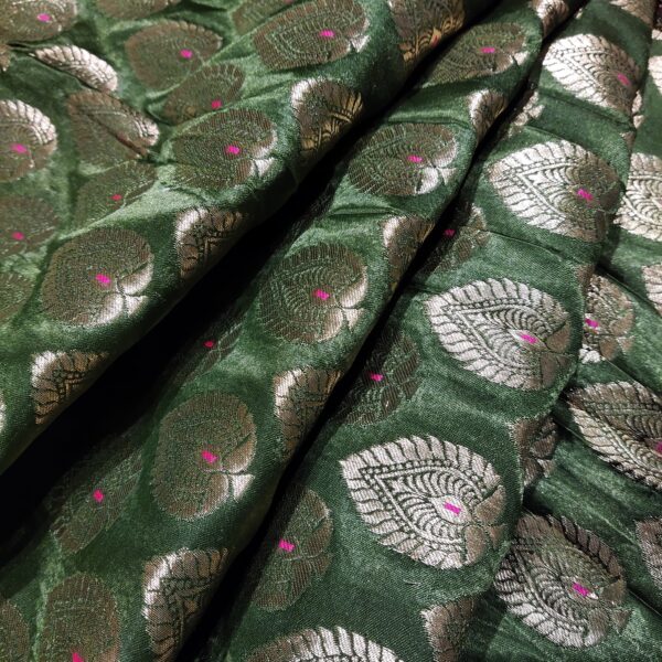 Zari Weaved Basil Green Mulberry Silk Fabric - Image 2