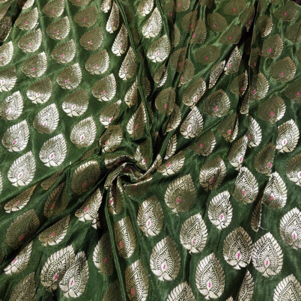 Zari Weaved Basil Green Mulberry Silk Fabric - Image 4