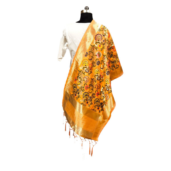 Peach Color Tanchoi Silk Banarsi Handloom Dupatta - Image 3